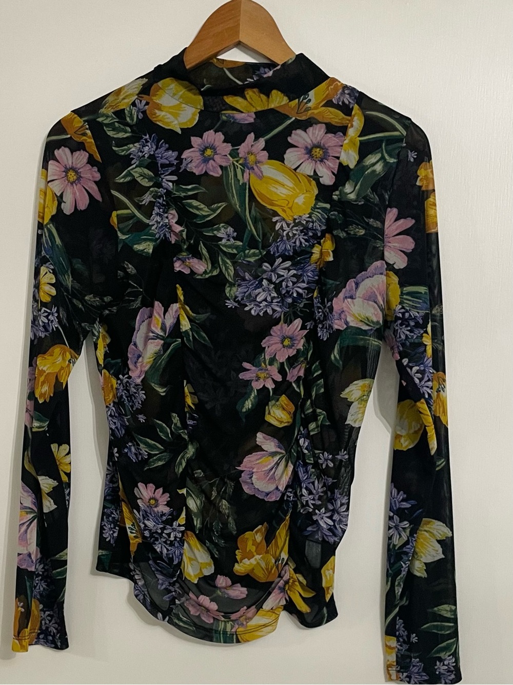 Floral Mock Neck mesh Long Sleeve Top - Black with Yellow & Purple Floral